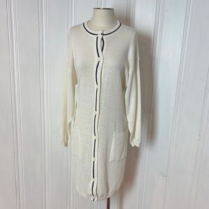 Vintage White Fine Knit Cardigan/Dress with Navy Blue Trim - Medium (estimated)